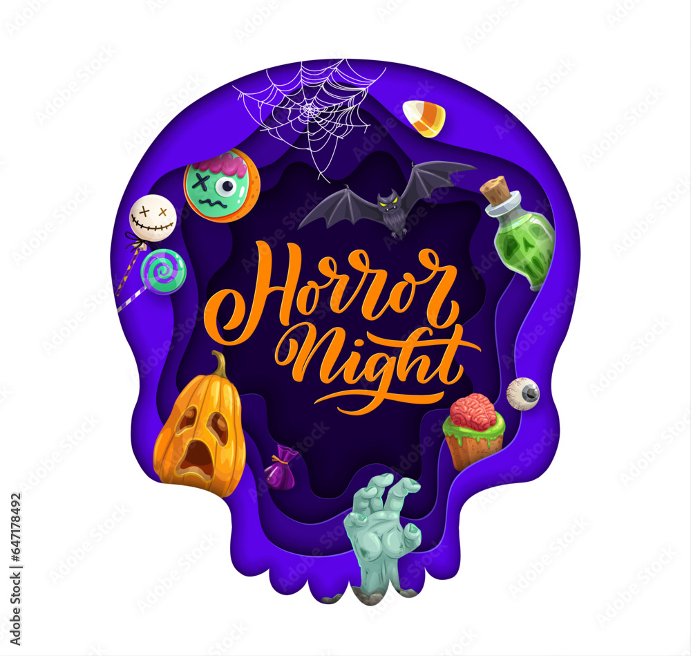 Halloween skull paper cut with holiday sweets and pumpkin. Vector