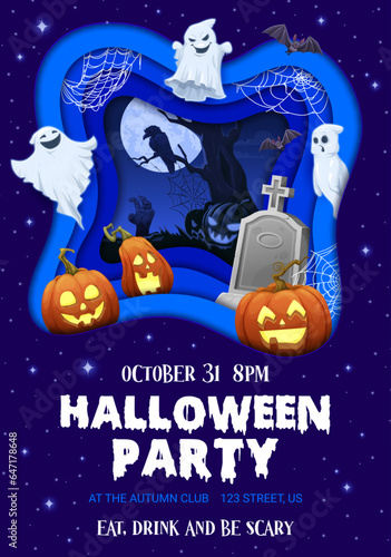 Halloween paper cut party flyer with funny ghosts and pumpkins. Vector invitation poster with grinning jack lanterns, white flying spooks cemetery tombstone, crow sitting on tree branch, zombie hand
