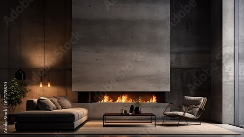 Modern minimalist living room with sofa and fireplace.