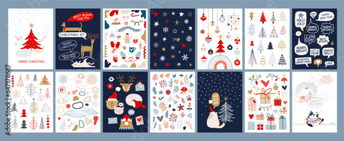 Set Christmas cards with Christmas tree, wreath, christmas elements. Vector illustrations
