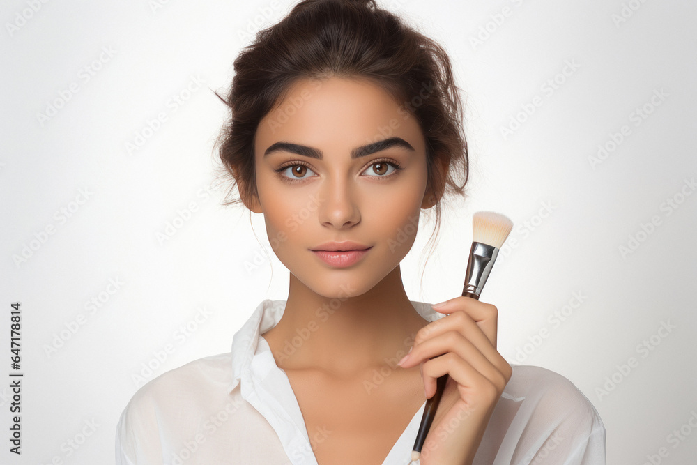 young and beautiful woman with make-up brush young and beautiful woman with make-up brush