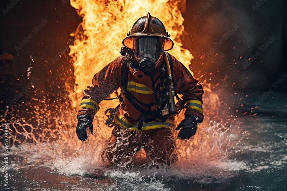 Firefighter while extinguishing a fire. Brave man doing dangerous work. 911 Firefighter while extinguishing a fire. Brave man doing dangerous work. 911