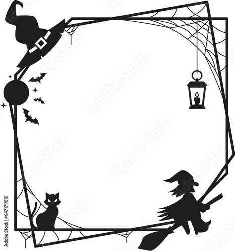 Halloween holiday black frame with silhouettes of cobweb, witch riding broomstick, wizard hat and black cat, lantern and flying bats. Isolated vector decorative border or vignette with spooky decor