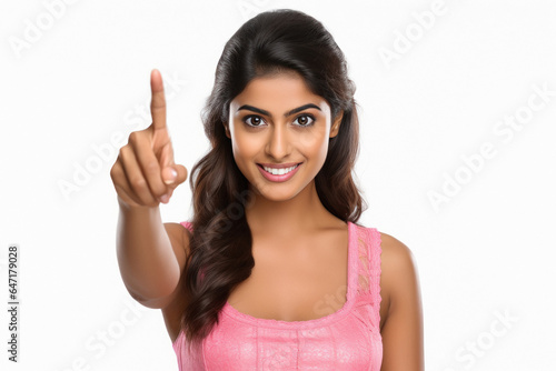 Young woman smiling and pointing finger on front side