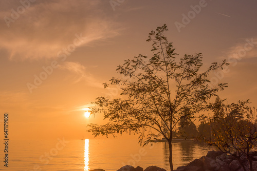 Nature landscape of a sunset on the lake on an autumn day.