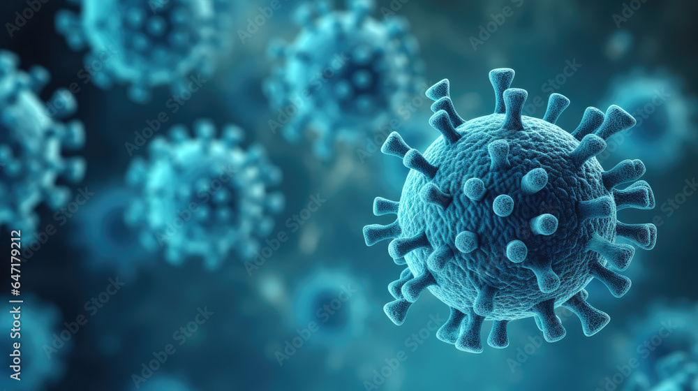 Closeup blue Coronavirus COVID-19 in human lung body background. Science microbiology concept. Corona virus outbreak epidemic. Medical health virology infection research. Generative Ai - obrazy, fototapety, plakaty 