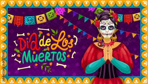 Mexican Dia de Los Muertos holiday banner with Catrina calavera, vector papel picado flags frame. Dia de Los Muertos and Day of Dead Catrina calavera with skulls, bones and marigold flowers for fiesta