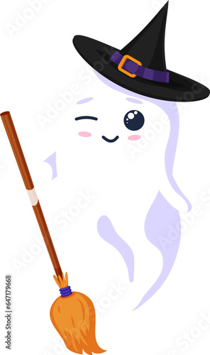 Halloween kawaii ghost character donning a charming witch hat and carrying a broomstick. Cartoon vector cute phantom exuding a delightful mix of spookiness and cuteness. Adorable spirit personage wink