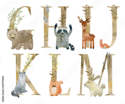 Photography Watercolor woodland animals letters for invitation card, nursery poster and other