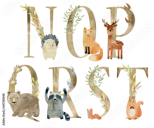 Canvas Print Watercolor woodland animals letters for invitation card, nursery poster and other