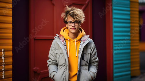 Generative AI, stylish fashionable teenager with a trendy hairstyle on a colored background, handsome guy with glasses, youth, student, party, new generation, zoomer, space for text