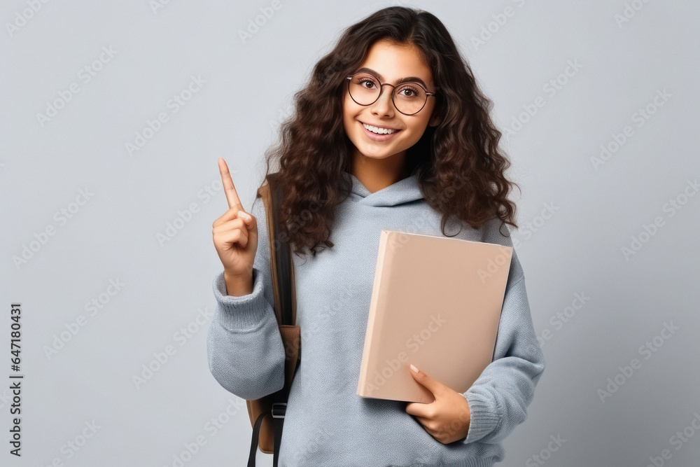 College girl holding books in hand and showing finger on up side. College girl holding books in hand and showing finger on up side.