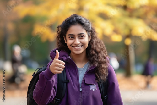 Young girl college student showing thumps up and giving happy expression