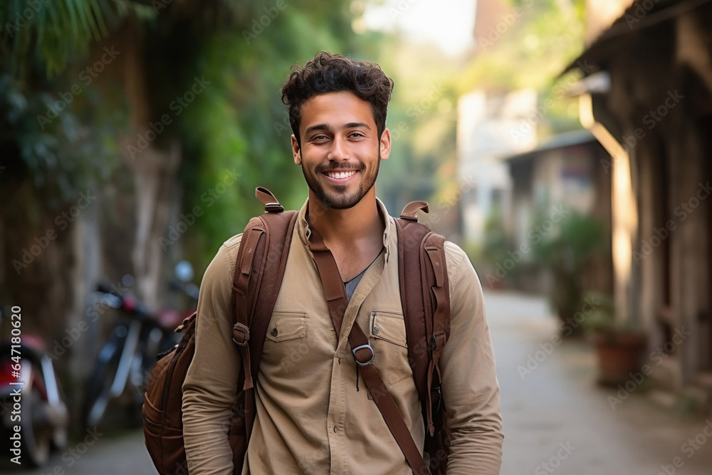 Young man traveler smiling and holding backpack