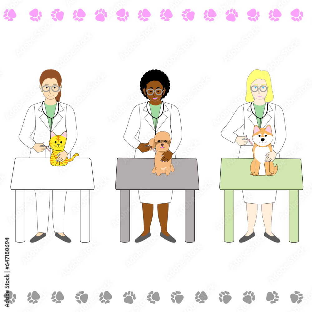 Asian, African-american and caucasian women vaccinating animals. Asian, African-american and caucasian women vaccinating animals.