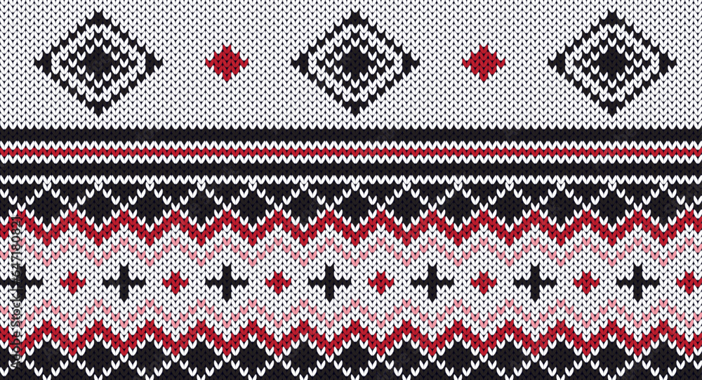 Black and red knitted pattern, Festive Sweater Design. Seamless Knitted Pattern Black and red knitted pattern, Festive Sweater Design. Seamless Knitted Pattern