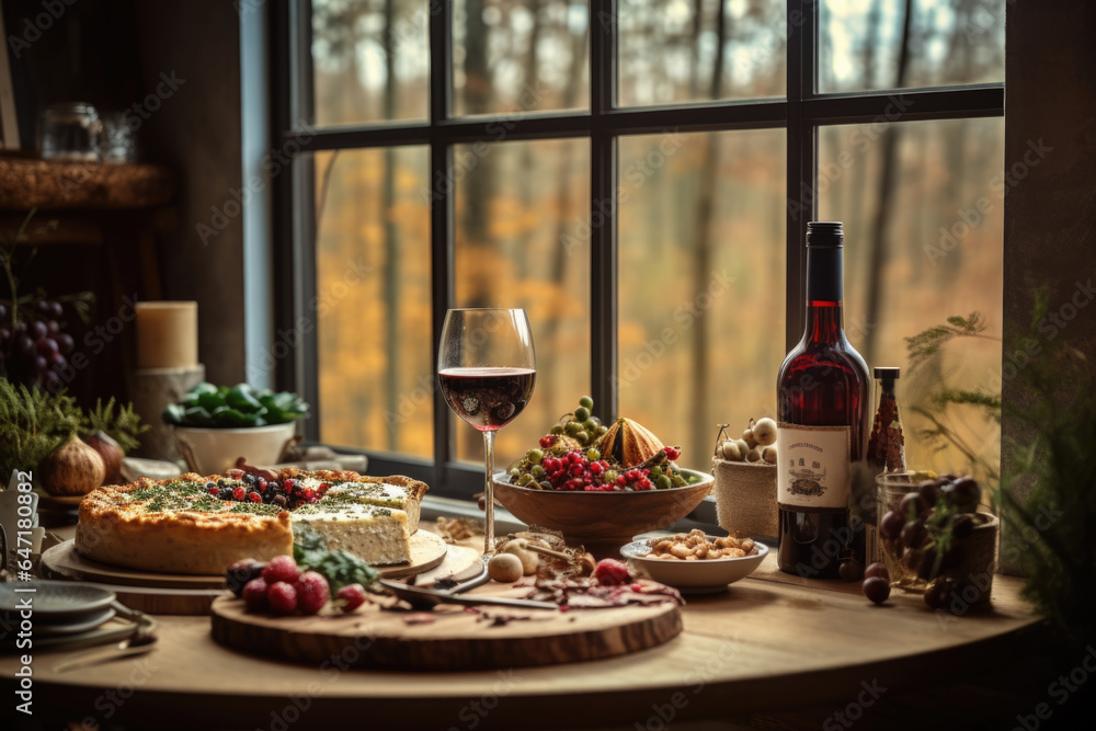 Cheesecake with berries on a rustic table next to a window overlooking the forest in an autumn atmosphere