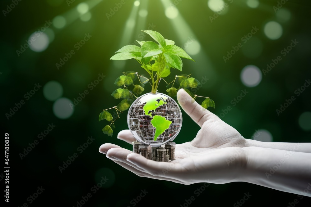 Sustainable development goal (SDGs) concept. Robot hand holding small plants with Environment icon. Green technology and Environmental technology. Artificial Intelligence and Technology, Generative AI