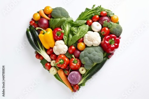 Heart shape made of different vegetables isolated on white background. Heart symbol. Vegetarian diet and healthy organic food concept. Generative AI