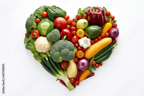 Heart shape made of different vegetables isolated on white background. Heart symbol. Vegetarian diet and healthy organic food concept. Generative AI