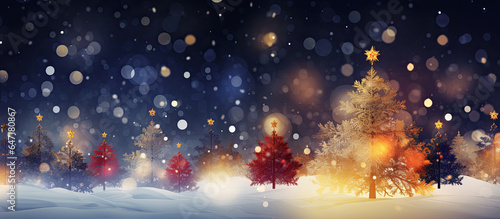 árbol de navidad con bolas iluminadas y estrella en su parte superior en paisaje nocturno nevado, con fondo desenfocado y bokeh © Helena GARCIA
