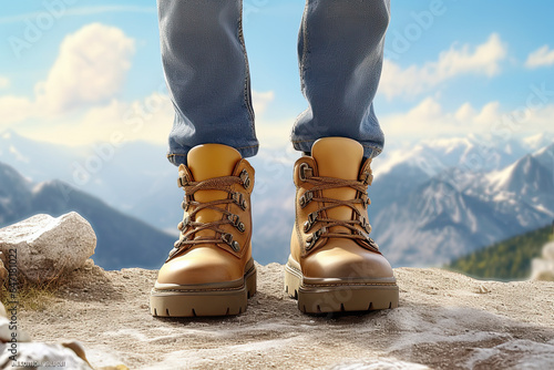 hombre llevando botas de montaña marrones sobre la cima de una montaña, con paisaje montañoso primaveral
