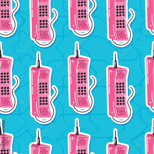 Receiver of an old retro telephone with a wire. Vector cartoon seamless pattern, 90s style.