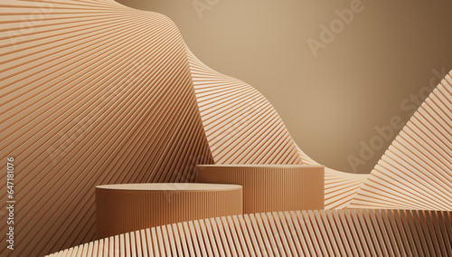 Wave curved shape brown color premium minimal background with geometric shapes, podium pedestal empty on two floors, platform composition for stage product presentation. 3d render illustration