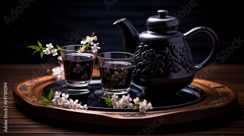 A wooden backdrop sets the stage for a cup and teapot filled with green tea  adorned by a sprig of jasmine..