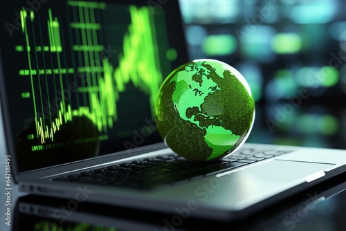 Green Globe on laptop keyboard with Stock graph on the laptop screen. Green business concept. Carbon efficient technology. Digital sustainability. future green energy innovation business,Generative AI photo