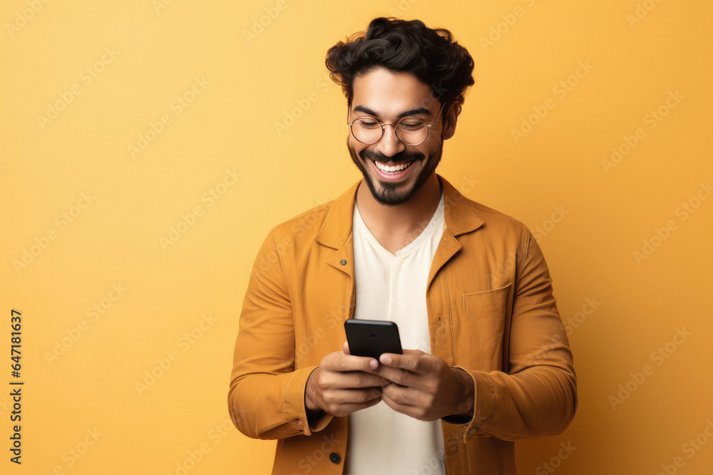 Young man using smartphone and smiling Young man using smartphone and smiling