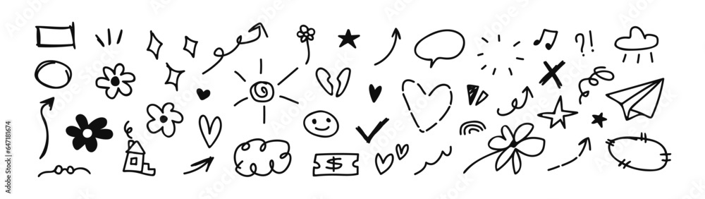 Doodle and scribbles set. Hand - drawn flower, heart, smiley, sun, house, star and other outlined marker icons. Cute cartoon pencil sketches of decorative icons. (Full Vector) Doodle and scribbles set. Hand - drawn flower, heart, smiley, sun, house, star and other outlined marker icons. Cute cartoon pencil sketches of decorative icons. (Full Vector)