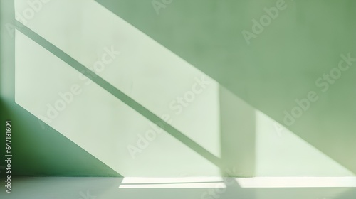Minimal abstract light green background for product presentation. Shadow and light from windows on plaster wall. generative AI