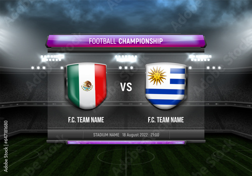 Sport scoreboard with team 1 vs team 2. Team logo on the background of the stadium. Vector template for your design.