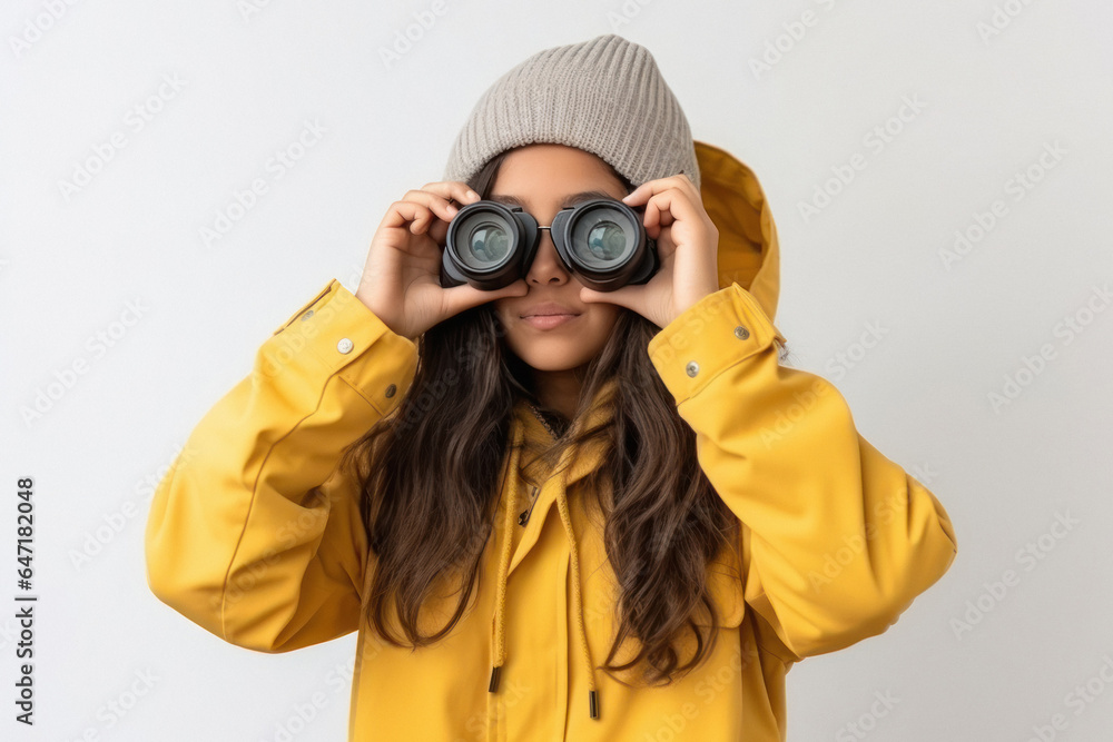 young indian girl using binocular young indian girl using binocular