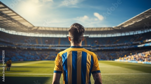 Professional soccer player in stripped blue yellow uniform standing at big stadium. Generative AI technology. © Hero Design