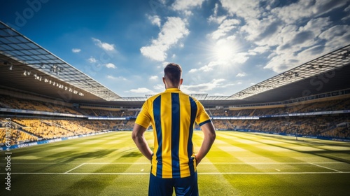 Professional soccer player in stripped blue yellow uniform. Generative AI technology.