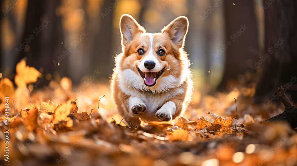 A cheerful corgi puppy quickly runs through the fallen autumn leaves. Walking with a dog in a park or forest A cheerful corgi puppy quickly runs through the fallen autumn leaves. Walking with a dog in a park or forest