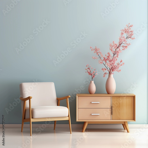 Interior of minimal living room with wooden chair, chest of drawers and vase with pink flowers near the wall, extremely modern and minimalistic style, pastel house, moody, window light, Generative AI.