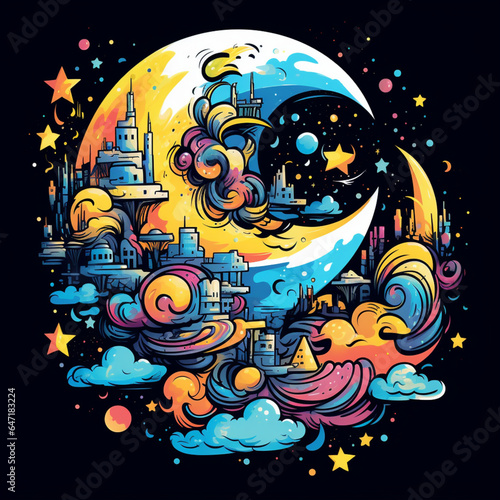 moon and city sky graffity style design colored