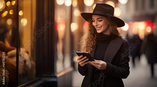 Young woman smiling while shopping online on Black Friday.