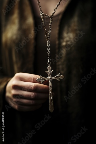 A delicate cross pendant, worn and aged, hanging from an old woman's neck, symbolizing her lifelong faith and devotion