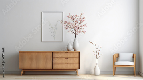 Interior of minimal living room with wooden chair, chest of drawers and vase with flowers near the wall, extremely modern and minimalistic style, white house, moody, window light, Generative AI.