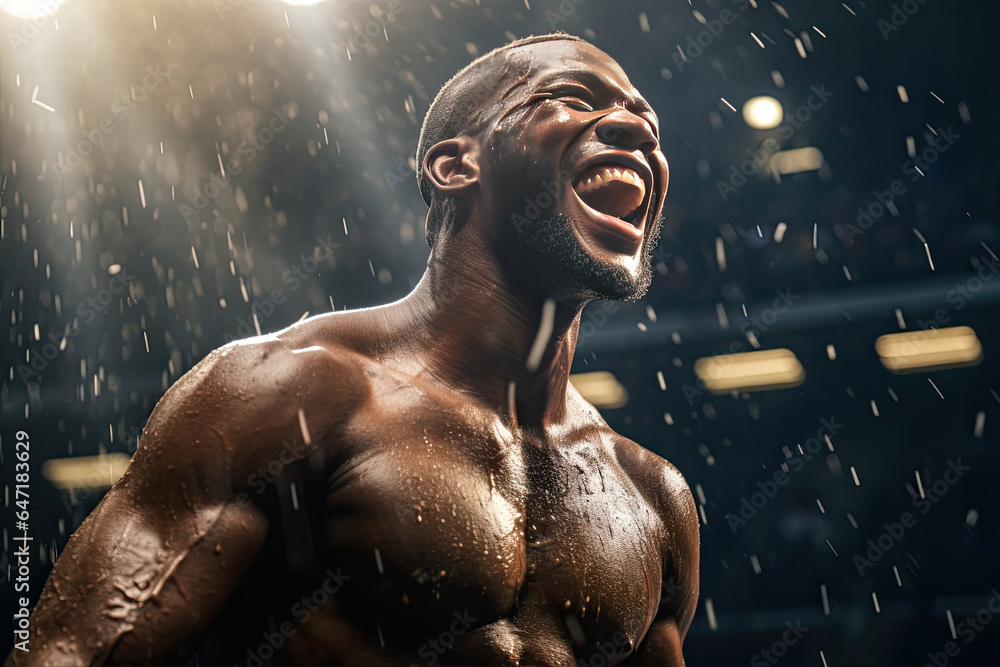 African boxer rejoices in victory. Close-up portrait of a boxer after winning a fight.