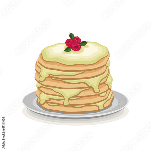 Pancakes with condensed milk and raspberries on a gray plate with a shadow on a white background