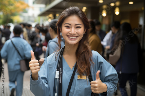 Photograph of a female doctor giving the thumbs up in Asia  Generative AI
