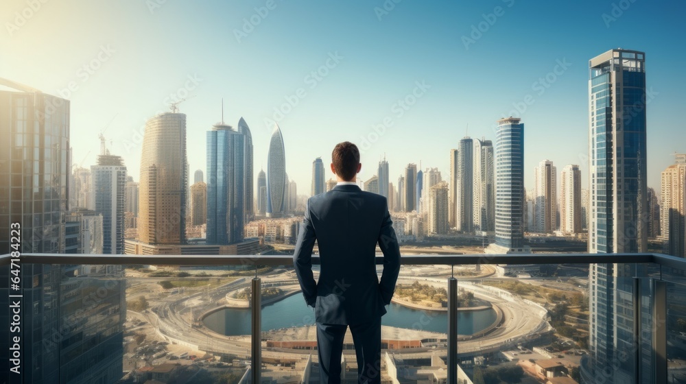 Successful businessman in formal suit looking at city. Generative AI technology.
