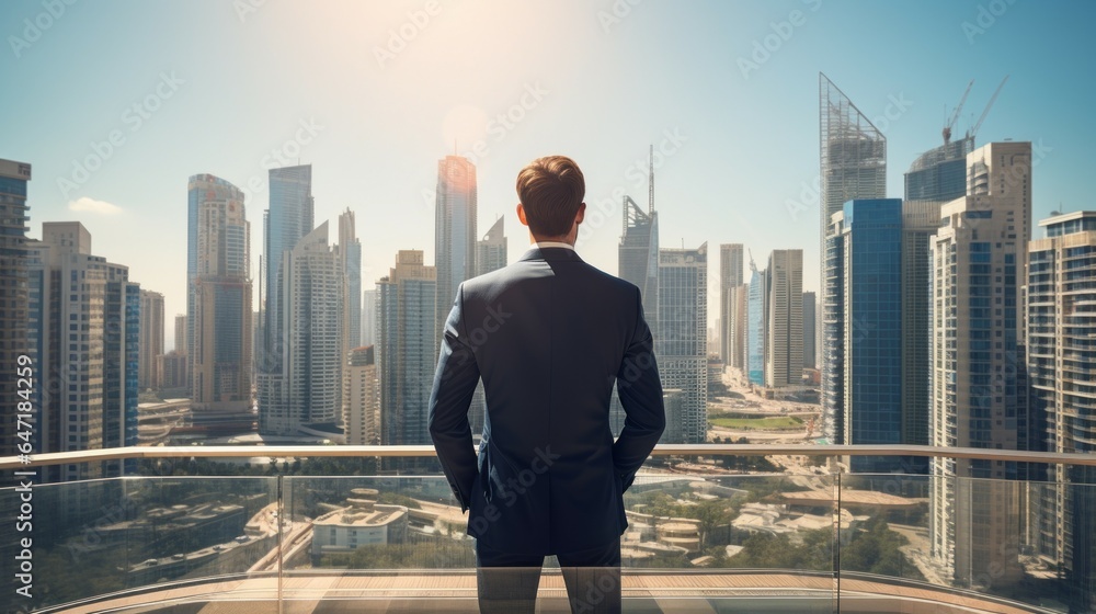 Businessman looking at city. Generative AI technology. Businessman looking at city. Generative AI technology.