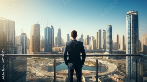 Successful businessman in formal suit looking at city. Generative AI technology. © Hero Design