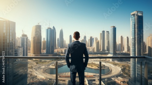 Successful businessman in formal suit looking at city. Generative AI technology.